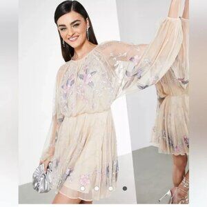 ASOS Edition floral and leaf embroidered mesh mini dress peach small